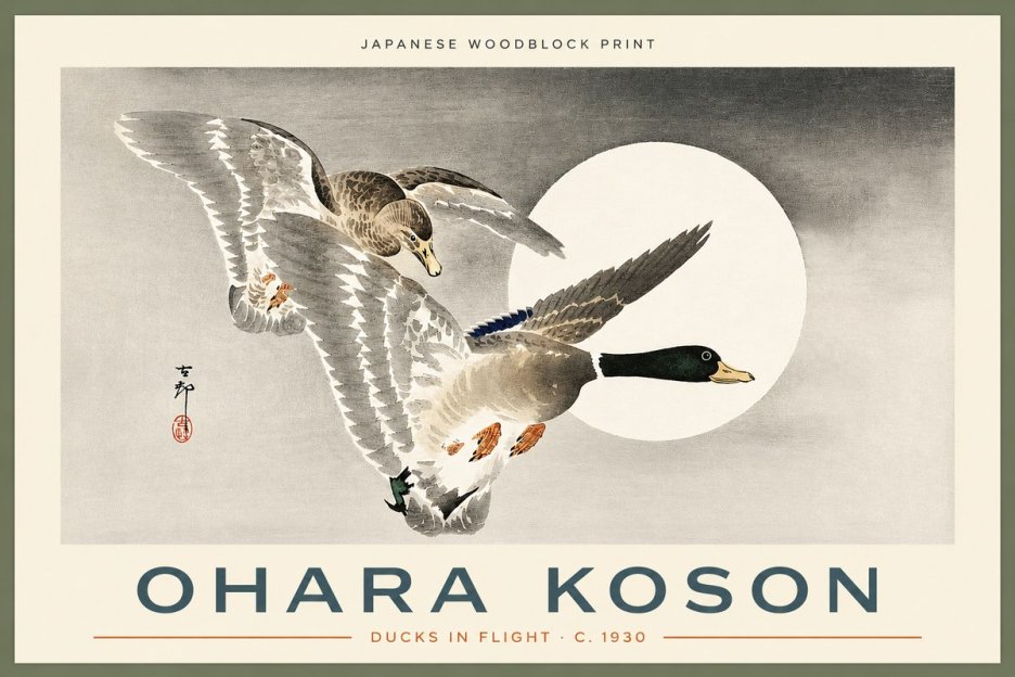 Ohara Koson Ducks in Flight No2 - Affiche