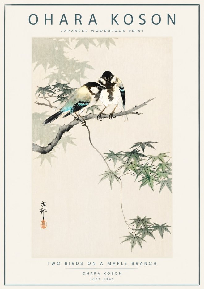 Ohara Koson Two Birds on a Maple Branch No6 - Affiche