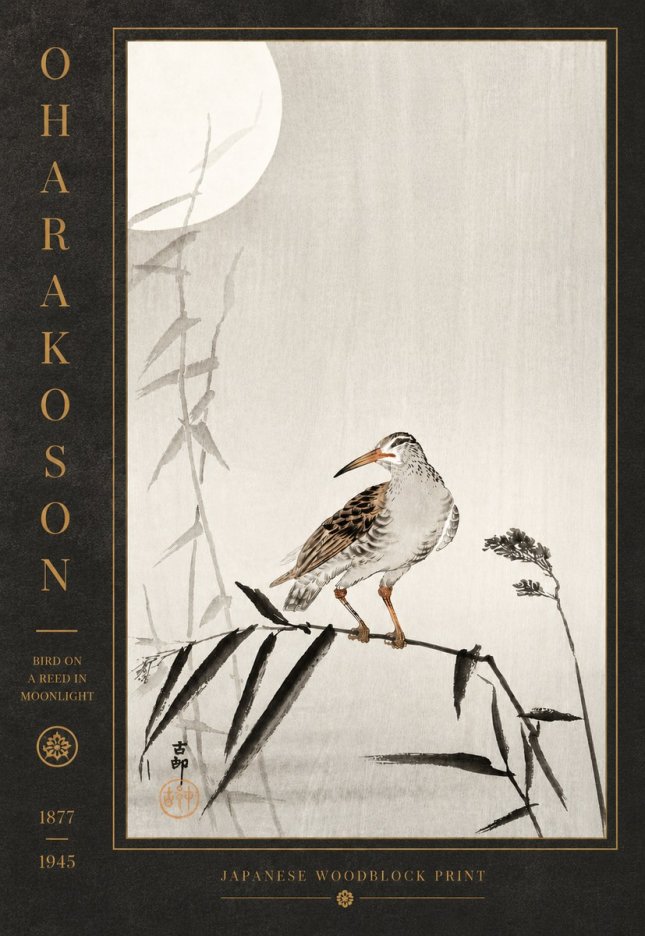 Ohara Koson Bird on a Reed in Moonlight No5 - Affiche