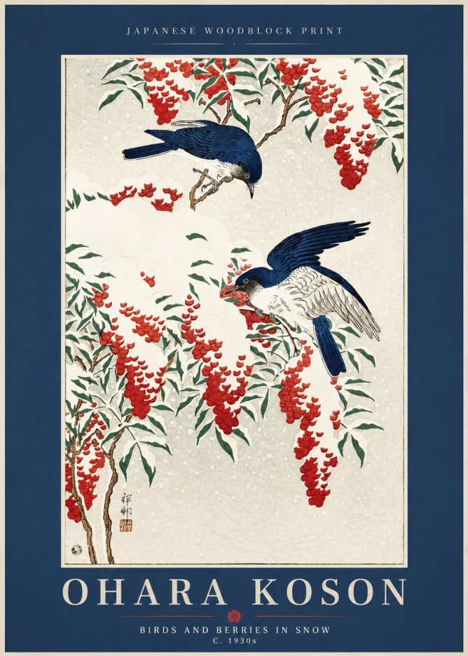 Ohara Koson Birds and Berries in Snow No2 - Affiche