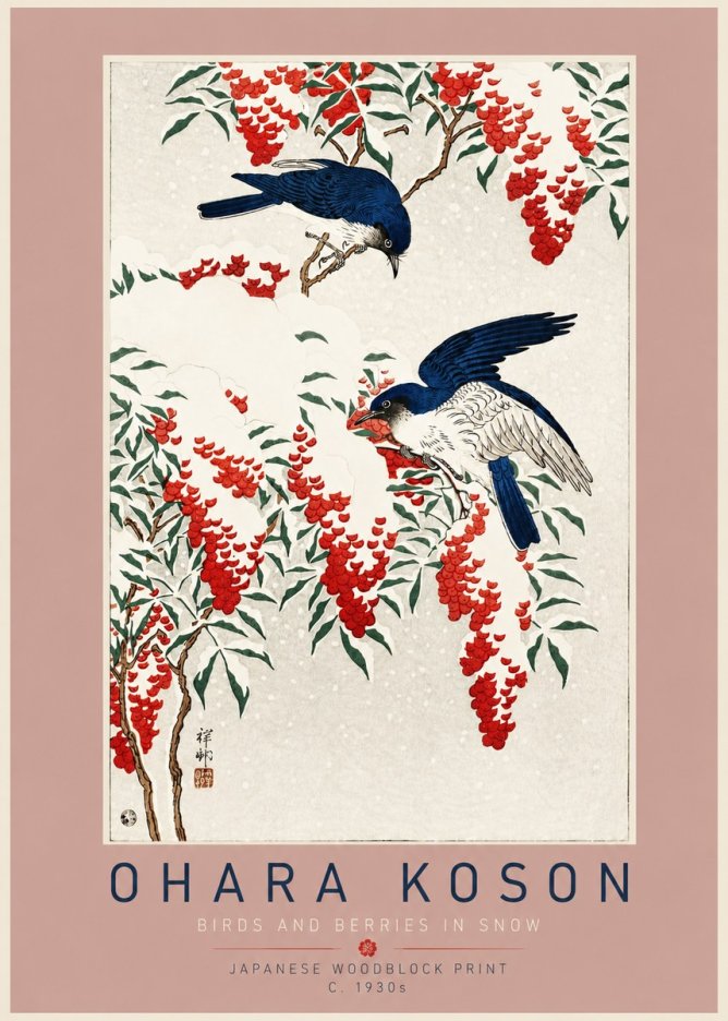Ohara Koson Birds and Berries in Snow No4 - Affiche