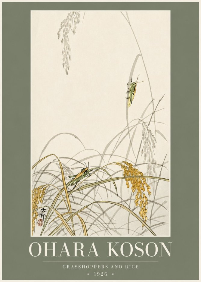 Ohara Koson Grasshoppers and Rice No2 - Affiche