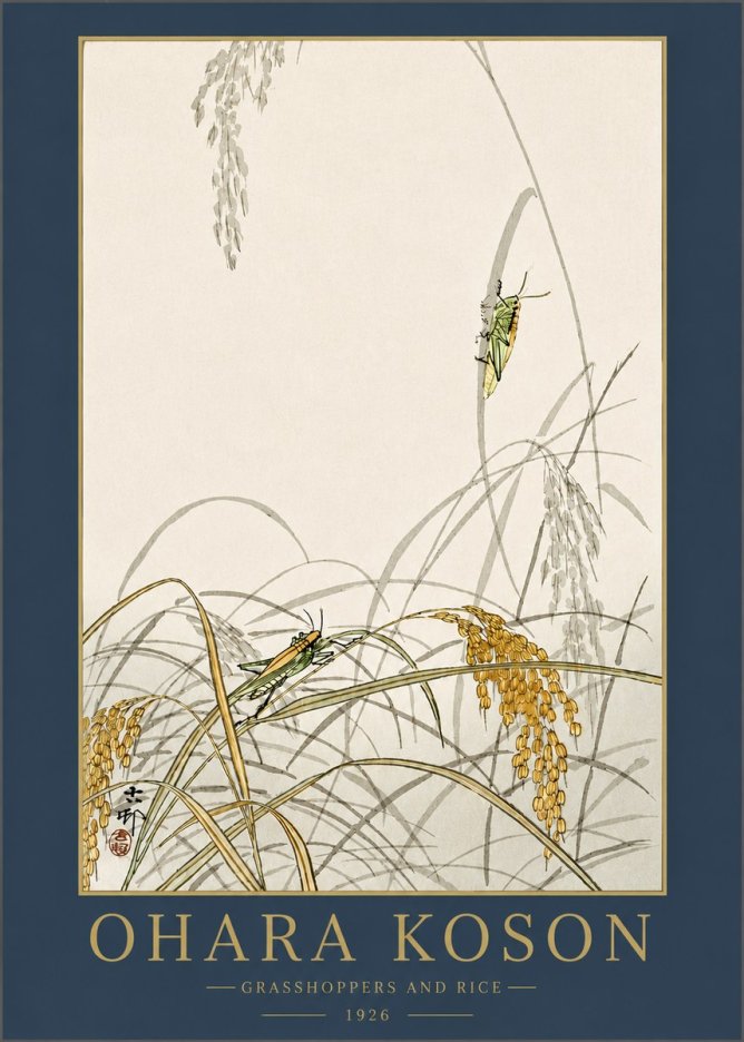 Ohara Koson Grasshoppers and Rice No3 - Affiche