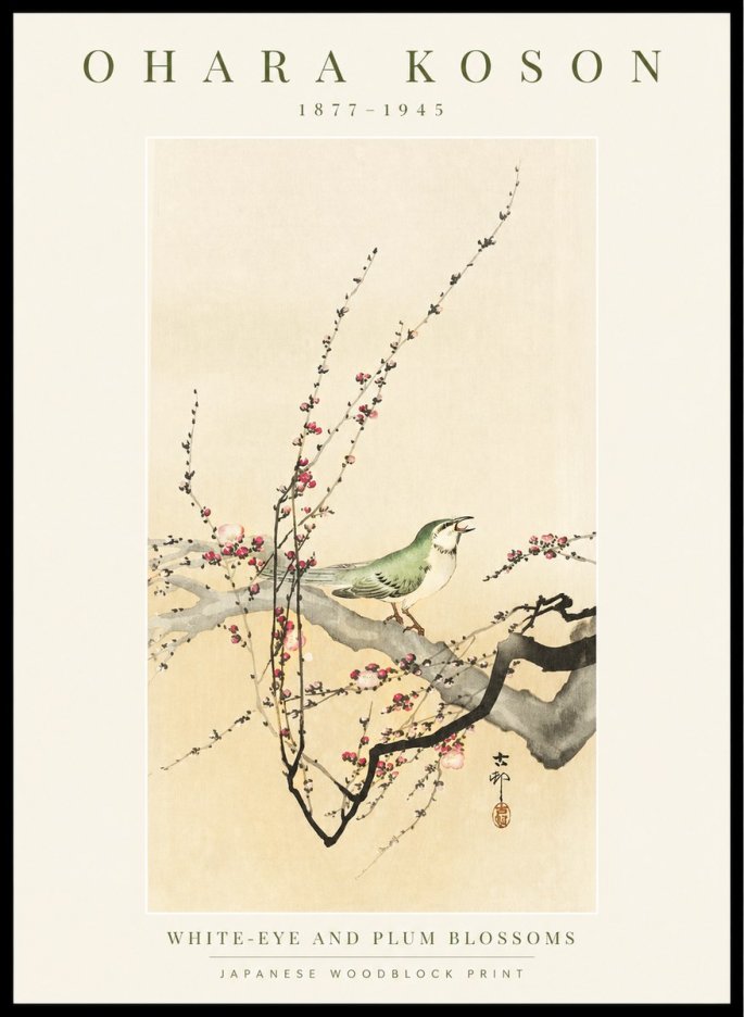 Ohara Koson White-eye and Plum Blossoms No1 - Affiche