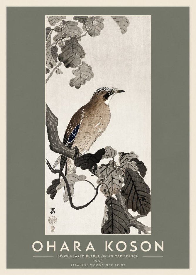 Ohara Koson Brown-eared Bulbul on an Oak Branch No2 - Affiche