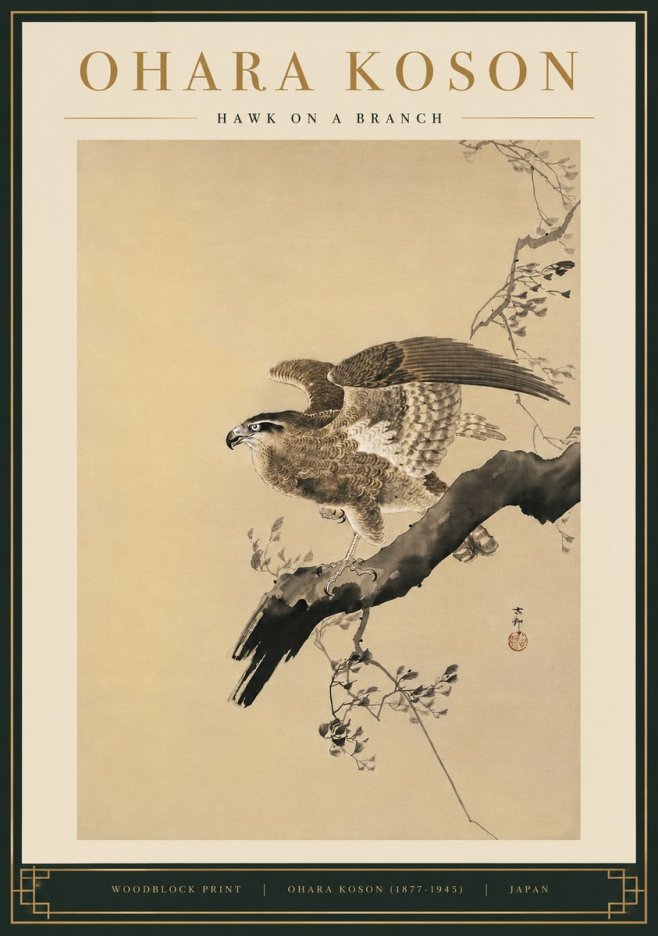 Ohara Koson Hawk on a Branch I No5 - Affiche