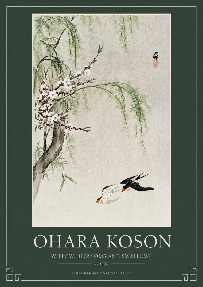 Ohara Koson Willow, Blossoms and Swallows No2 - Affiche