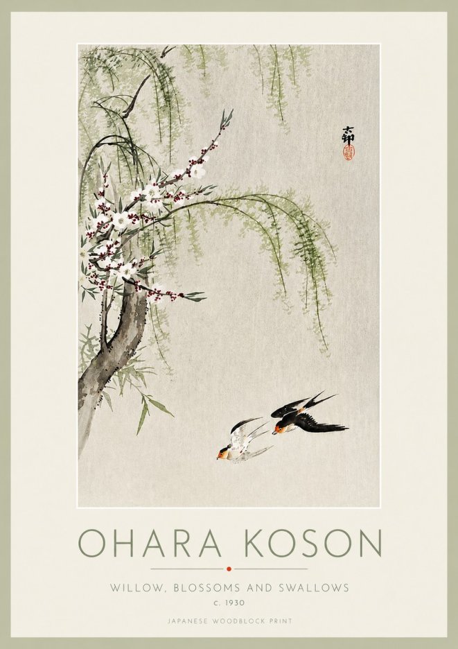 Ohara Koson Willow, Blossoms and Swallows No3 - Affiche