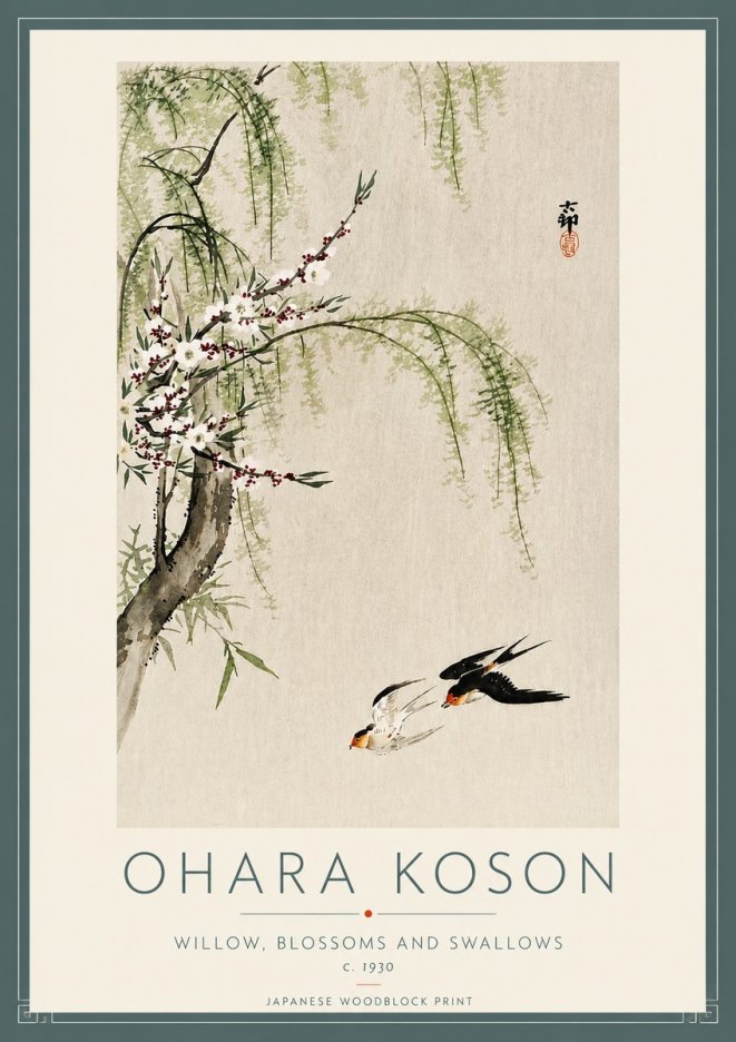 Ohara Koson Willow, Blossoms and Swallows No4 - Affiche