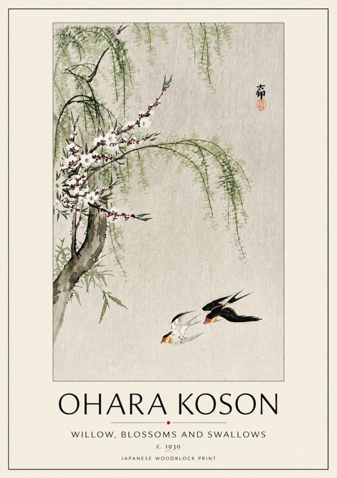 Ohara Koson Willow, Blossoms and Swallows No5 - Affiche