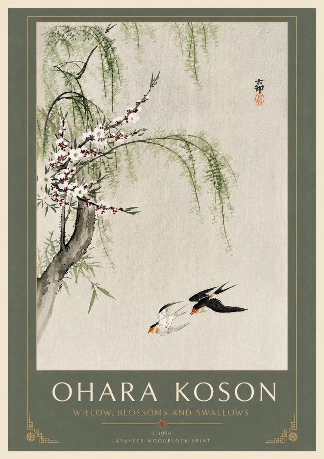Ohara Koson Willow, Blossoms and Swallows No6 - Affiche