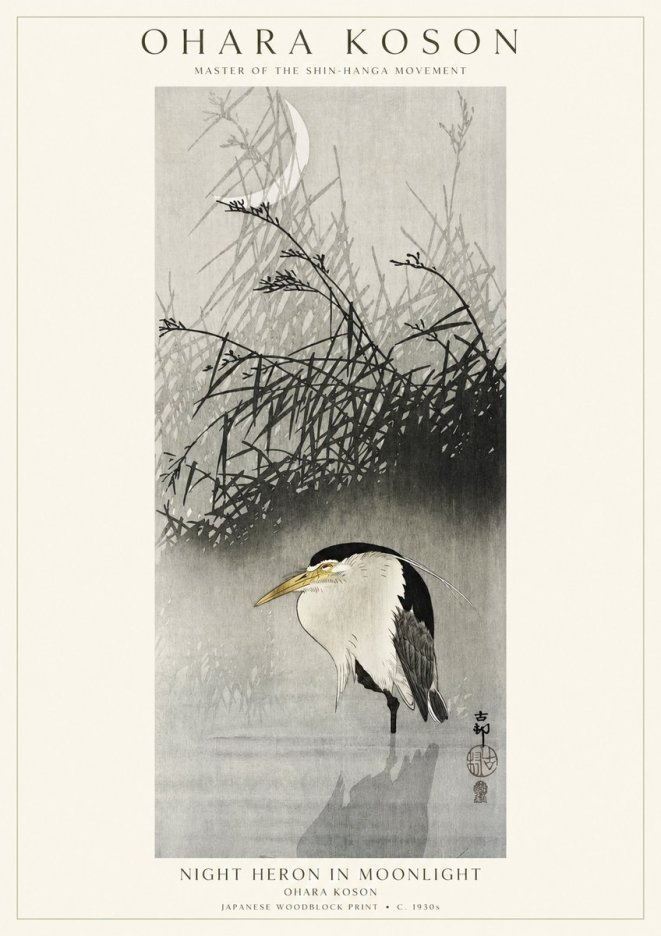 Ohara Koson Night Heron in Moonlight No1 - Affiche