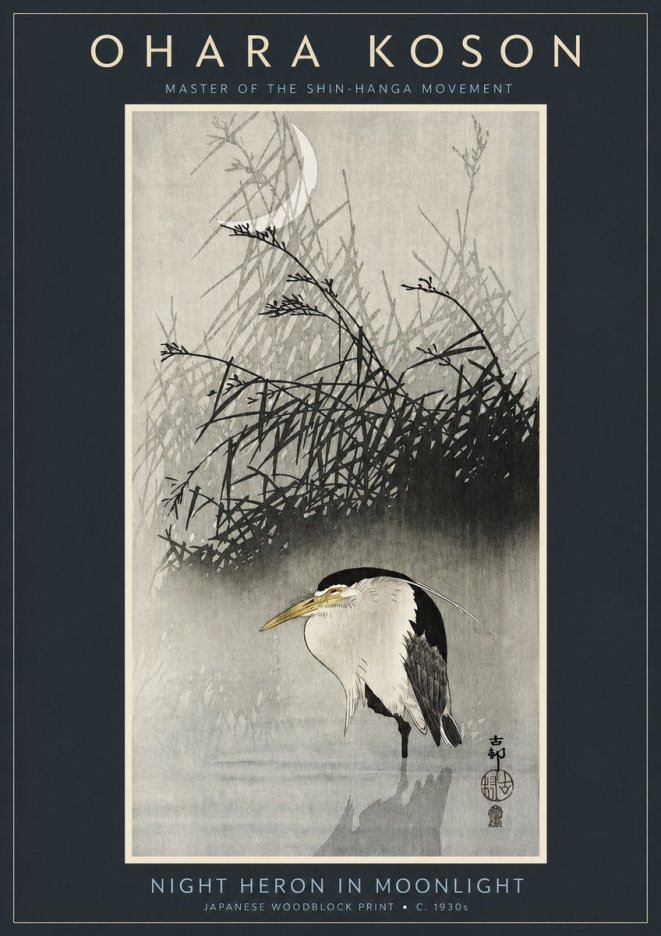 Ohara Koson Night Heron in Moonlight No2 - Affiche