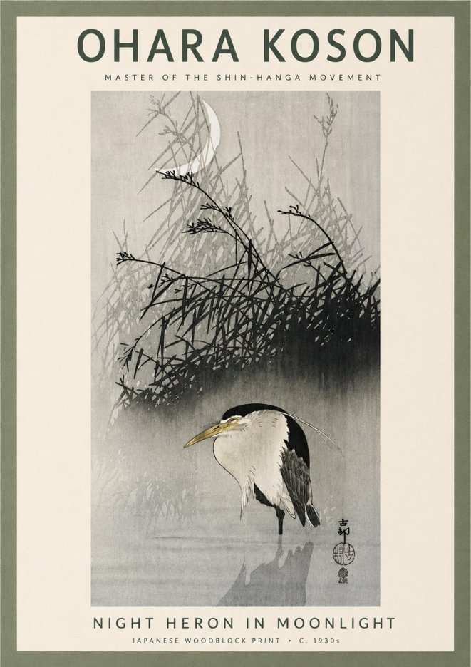 Ohara Koson Night Heron in Moonlight No4 - Affiche