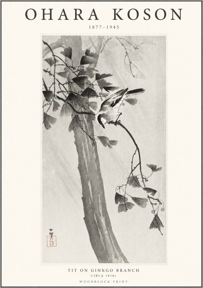 Ohara Koson Tit on Ginkgo Branch No1 - Affiche