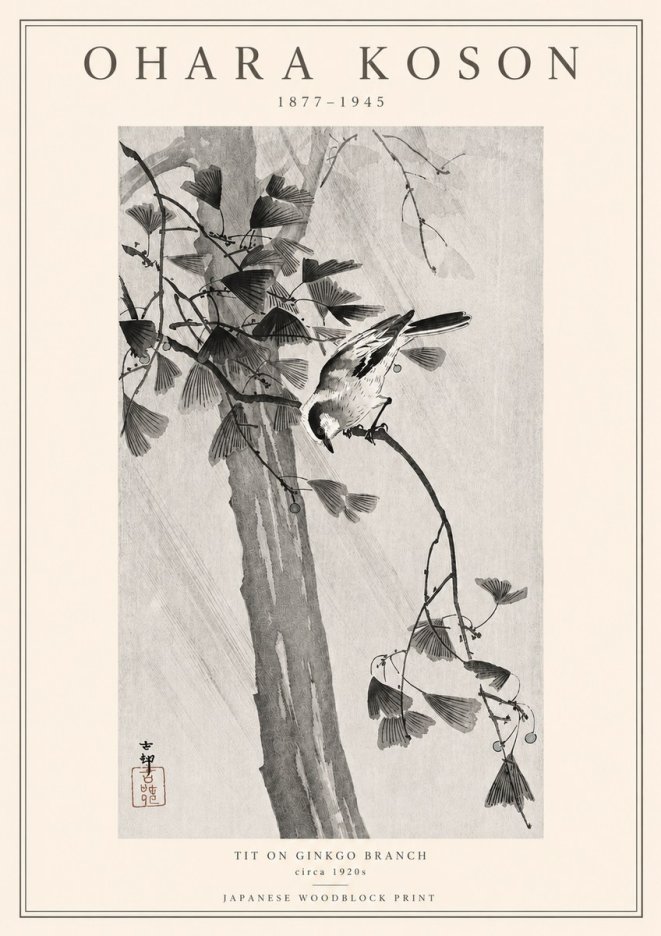 Ohara Koson Tit on Ginkgo Branch No3 - Affiche