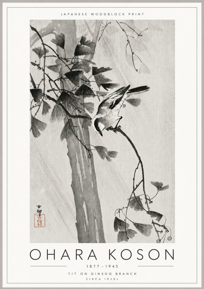 Ohara Koson Tit on Ginkgo Branch No6 - Affiche