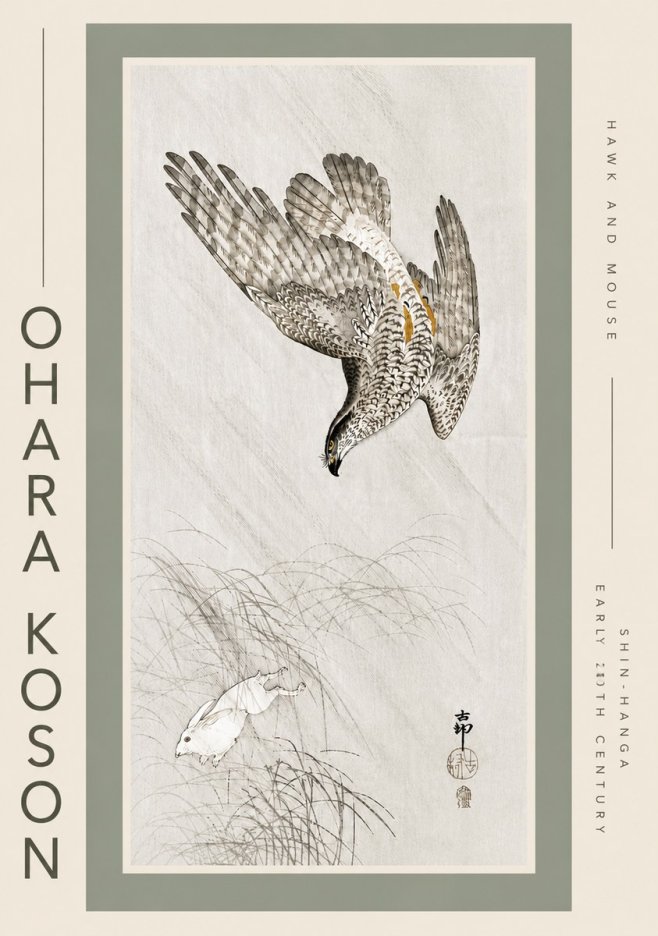 Ohara Koson Hawk and Mouse No5 - Affiche
