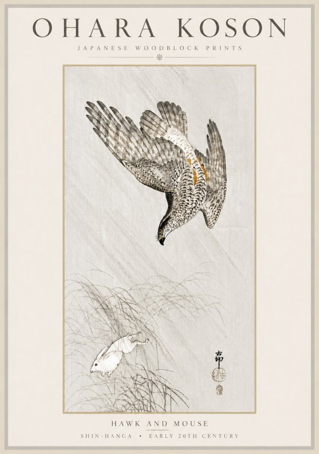 Ohara Koson Hawk and Mouse No6 - Affiche