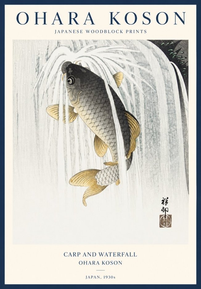 Ohara Koson Carp and Waterfall No1 - Affiche