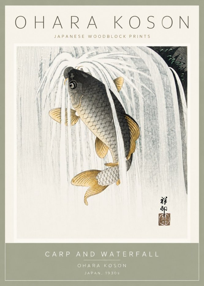 Ohara Koson Carp and Waterfall No2 - Affiche