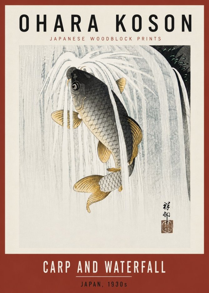 Ohara Koson Carp and Waterfall No6 - Affiche