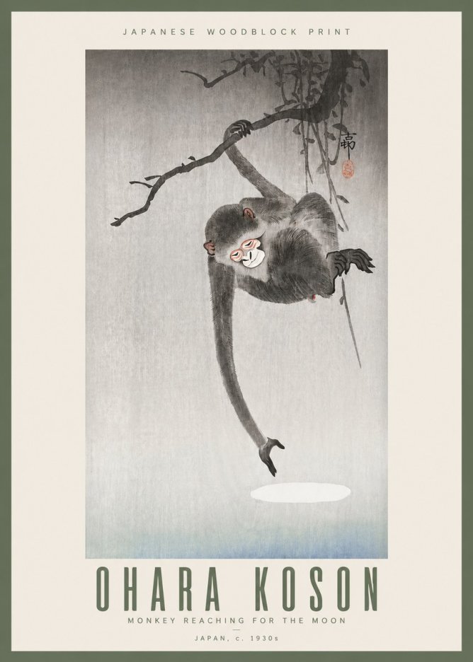 Ohara Koson Monkey Reaching for the Moon No3 - Affiche