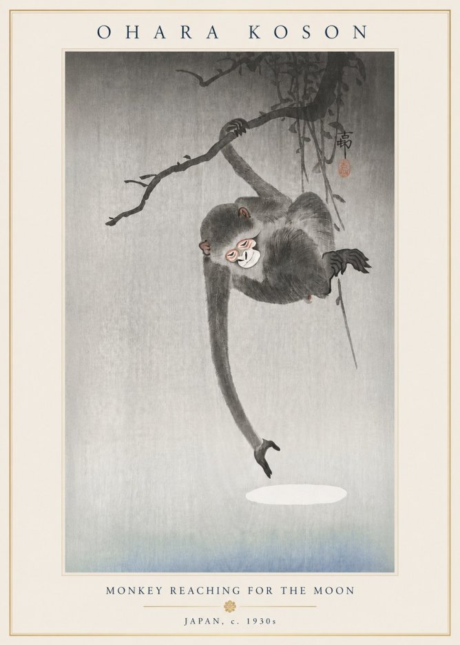 Ohara Koson Monkey Reaching for the Moon No4 - Affiche