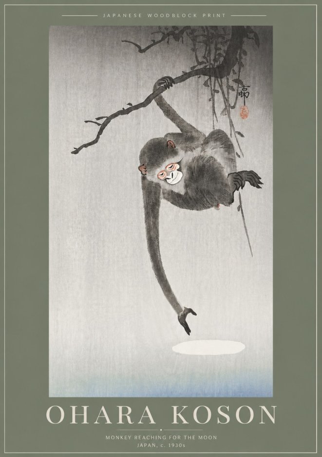 Ohara Koson Monkey Reaching for the Moon No5 - Affiche