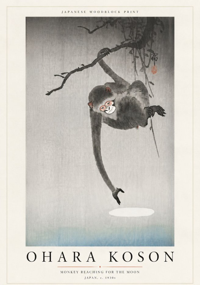 Ohara Koson Monkey Reaching for the Moon No6 - Affiche