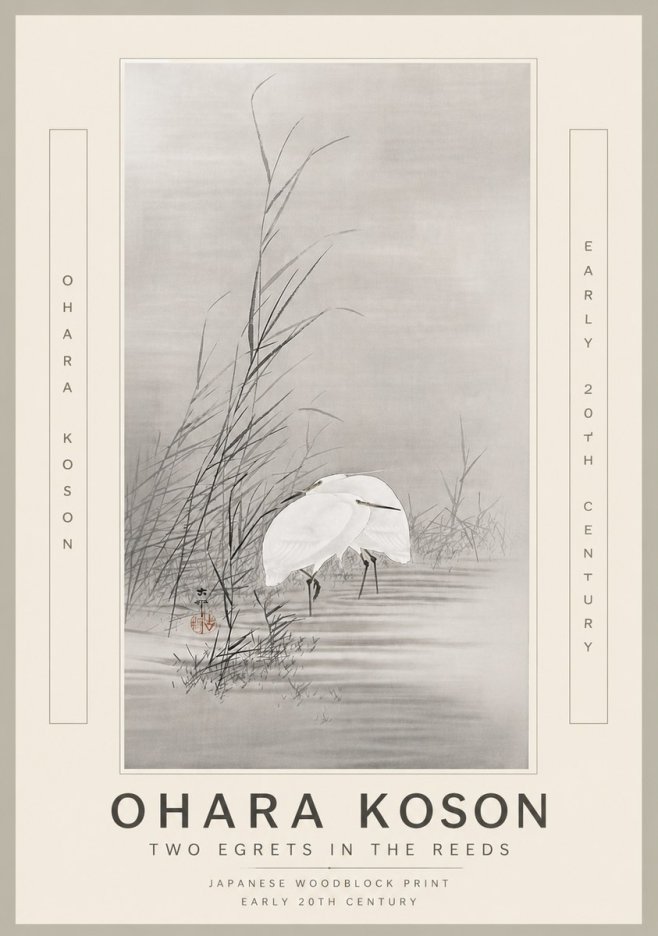 Ohara Koson Two Egrets in the Reeds No6 - Affiche
