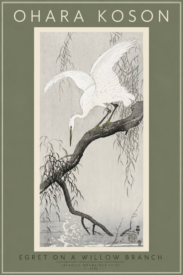 Ohara Koson Egret on a Willow Branch No4 - Affiche