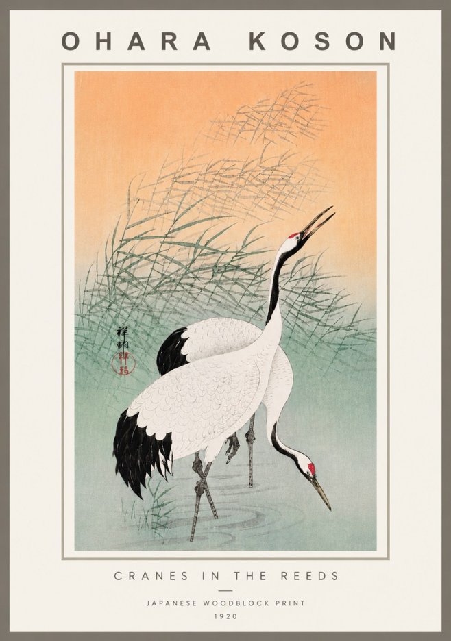 Ohara Koson Cranes in the Reeds No6 - Affiche