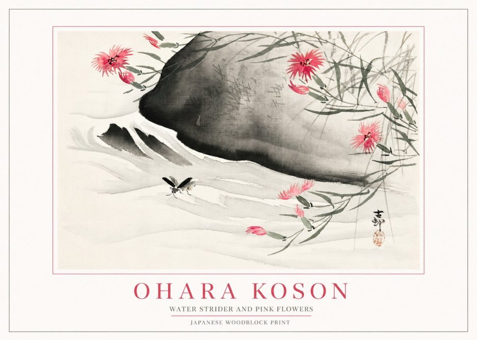 Ohara Koson Water Strider and Pink Flowers No2 - Affiche