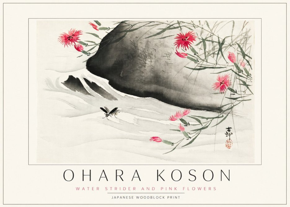 Ohara Koson Water Strider and Pink Flowers No3 - Affiche