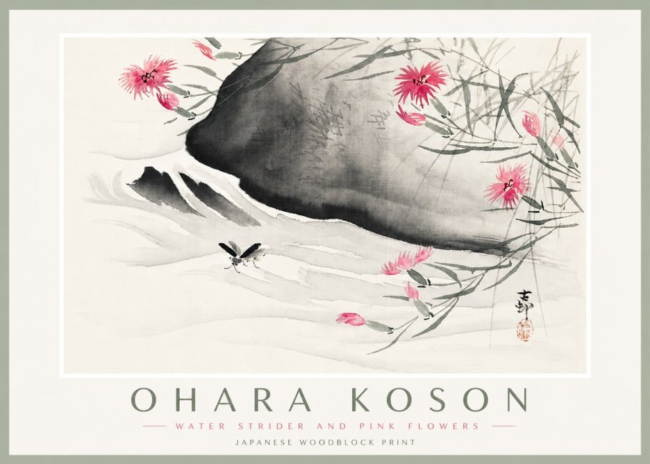 Ohara Koson Water Strider and Pink Flowers No4 - Affiche