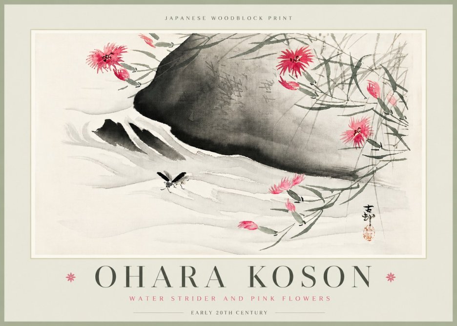 Ohara Koson Water Strider and Pink Flowers No6 - Affiche