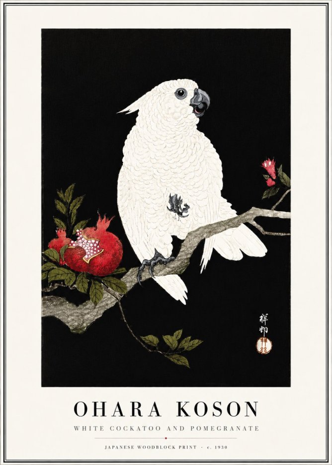 Ohara Koson White Cockatoo and Pomegranate I No4 - Affiche
