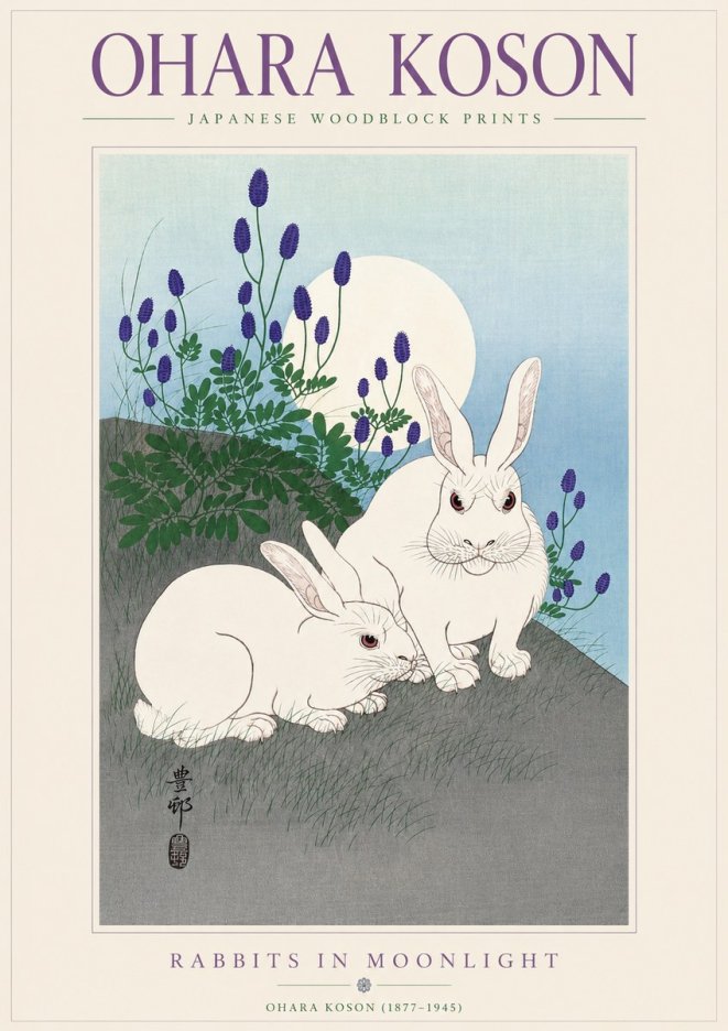 Ohara Koson Rabbits in Moonlight No3 - Affiche