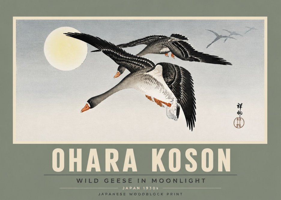 Ohara Koson Wild Geese in Moonlight III No5 - Affiche
