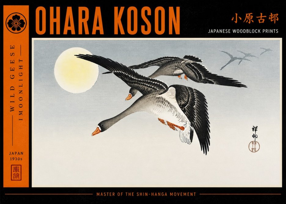 Ohara Koson Wild Geese in Moonlight III No6 - Affiche