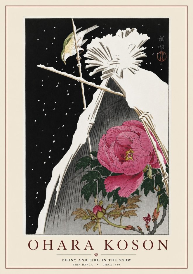 Ohara Koson Peony and Bird in the Snow No3 - Affiche