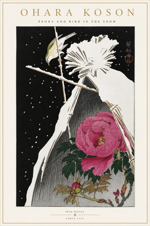 Ohara Koson Peony and Bird in the Snow No4 - Affiche