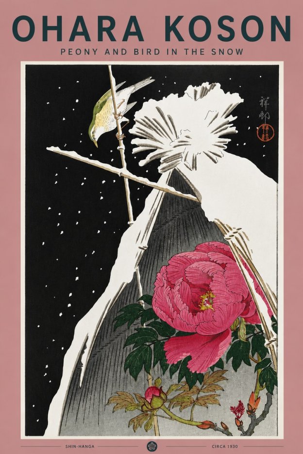 Ohara Koson Peony and Bird in the Snow No5 - Affiche