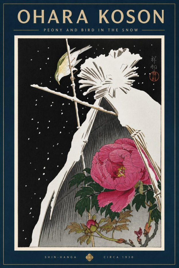 Ohara Koson Peony and Bird in the Snow No6 - Affiche