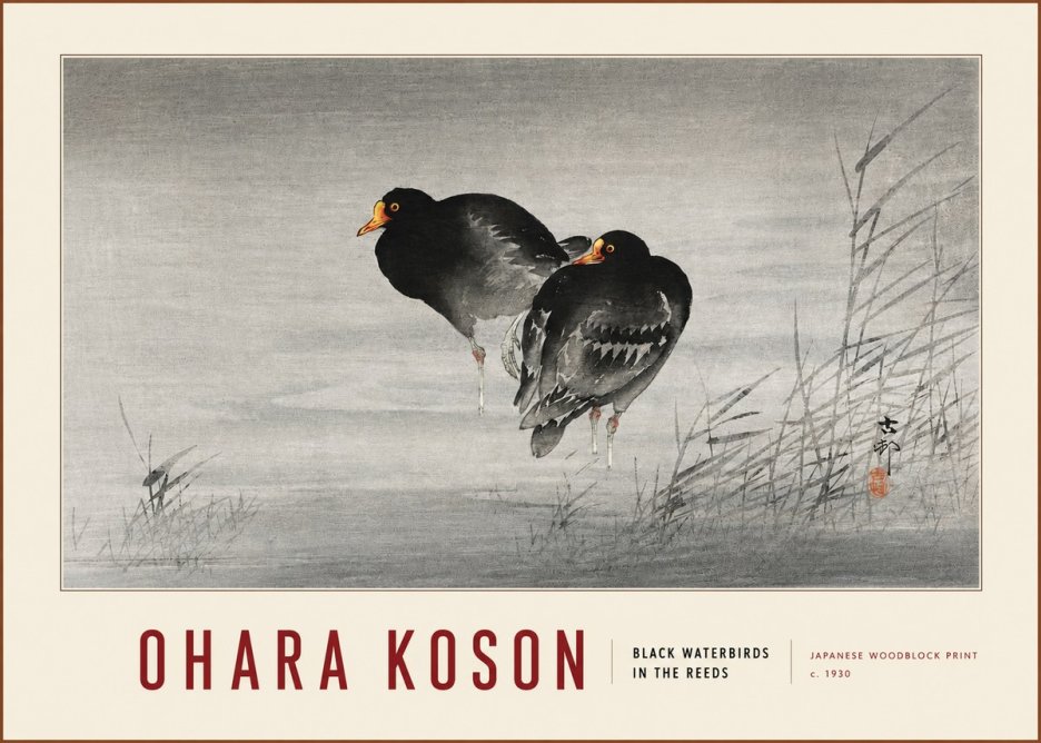 Ohara Koson Black Waterbirds in the Reeds No3 - Affiche