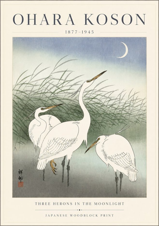 Ohara Koson Three Herons in the Moonlight No3 - Affiche