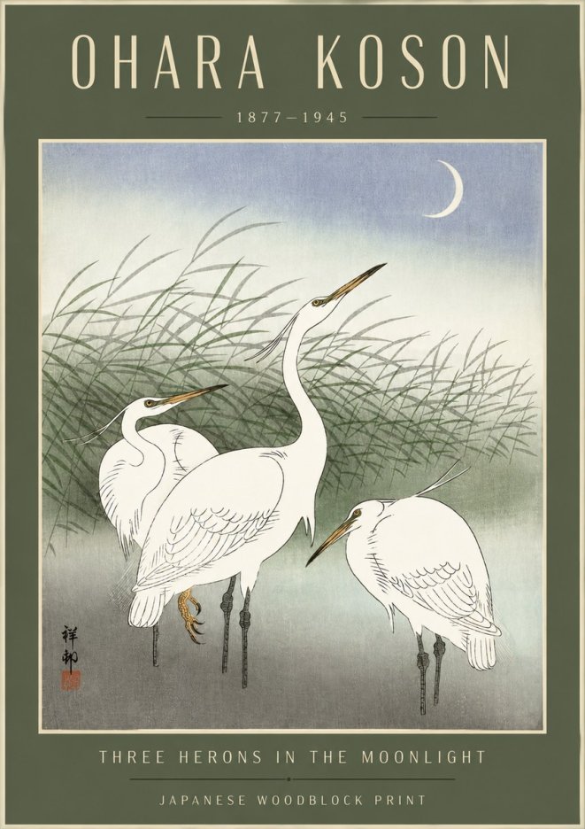 Ohara Koson Three Herons in the Moonlight No4 - Affiche