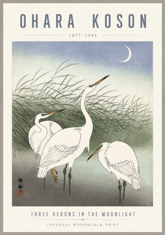 Ohara Koson Three Herons in the Moonlight No5 - Affiche