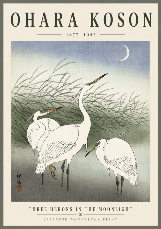 Ohara Koson Three Herons in the Moonlight No6 - Affiche
